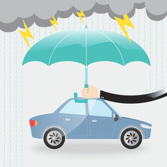 hand of businessman use umbrella protecting a car from rain and lightning. concept car insurance