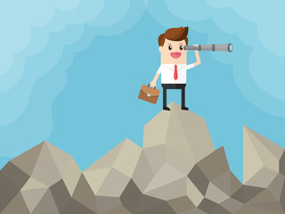 businessman standing on top of mountain and looking through telescope finding opportunities. business vision concept
