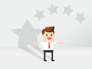 business man standing with star shaped shadow. begging for ratings and feedback