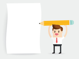 business man holding a huge pencil and writing on a empty paper..
