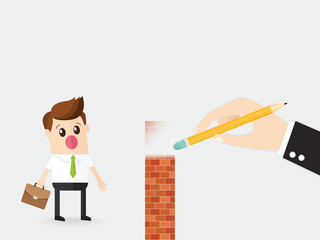 hand of business man using rubber delete wall obstacle for employee. teamwork concept