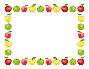 Apple frame place mat with red and golden Delicious, green Granny Smith and Pink apple fruits, white background with copy space. 