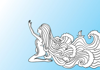 Obraz premium Black and white doodle illustration on blue gradient background. Pregnant woman praying.