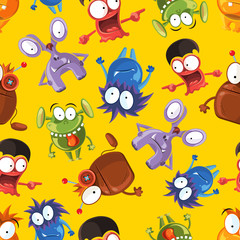 Vector seamless pattern with cute monsters. Funny monster characters on yellow background