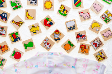 generic wooden toys with no copy rights, representing objects an