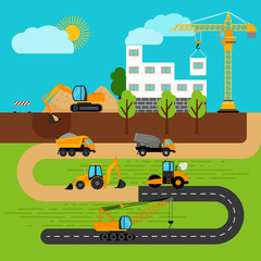 Construction process. Building crane and excavator, bulldozer and tractor. Vector illustration