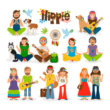 Hippie vector illustration. Barefoot man with flowers and dog and hippie girl