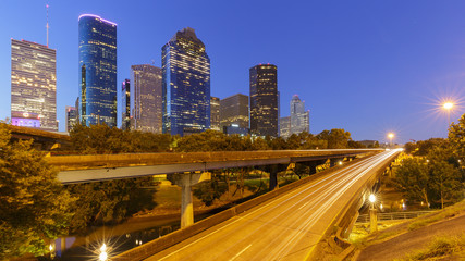 View of Downtown Houston city, Texas in a beautiful day at night