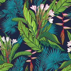 Tropical jungle seamless pattern on dark blue background