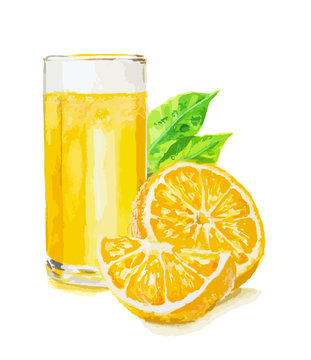 Watercolor glass of orange juice with slices of oranges. Fresh healthy vegetarian drink with vitamins.