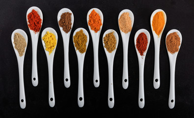 Various spices in porcelain spoons