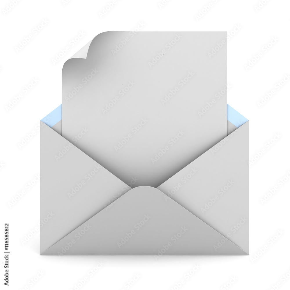 Leinwandbilder Blank note paper with page curl in white envelope isolated on white background with shadow 3D rendering