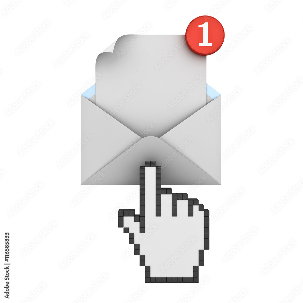 Aufkleber Hand cursor clicking E mail notification one new email message in the inbox concept isolated on white background 3D rendering