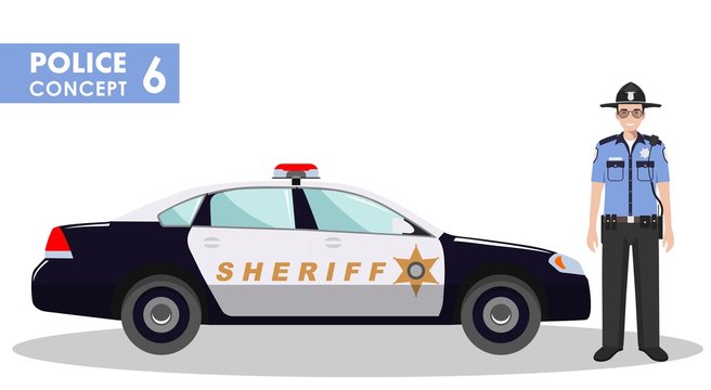 Policeman concept. Detailed illustration of sheriff and police car in flat style on white background. Vector illustration.