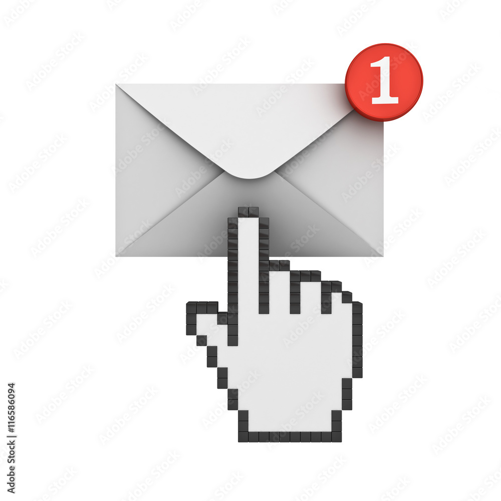 Aufkleber Hand cursor clicking E mail notification one new email message in the inbox concept isolated on white background with shadow 3D rendering