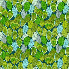 Seamless pattern with blue and green leaves, vector illustration
