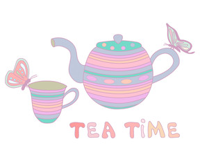 Cute cup of tea, teapot and butterflies, vector illustration 