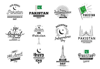 Pakistan Independence day, 14th august. Vector emblems.