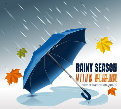 Blue Umbrella. Rainy season. Vector autumn background