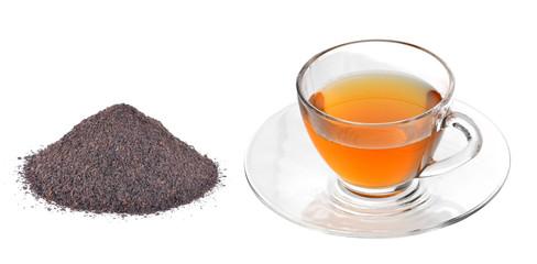 Glass cup of black tea isolated on white background