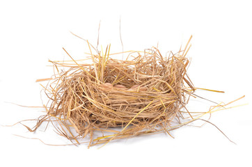 a pile of brown eggs in a nest isolated on a white background