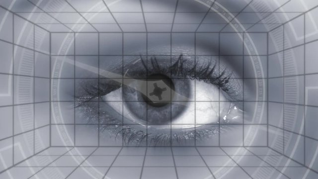Compass shape overlaid over a woman's eye with square grid pattern