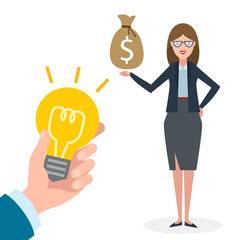 Handsome businesswoman has money bag. Selling new ideas, investing in new projects.