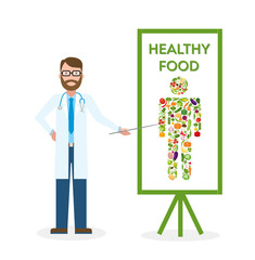 Doctor with healthy food banner. Nutritionist shows how to eat clean and fresh food. Green vegetables for body. Human silhouette.