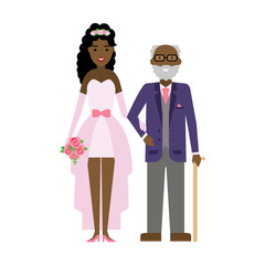 Isolated bride with father on white background. Happy moment near wedding altar. Young bride with old spouse.