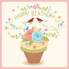 Sweet vector cupcake decoration with flowers and couple birds for happy birthday card