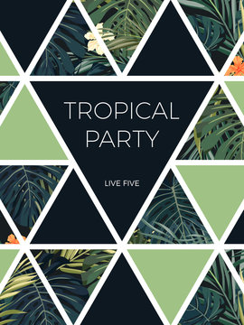 Bright hawaiian design with tropical plants and hibiscus flowers