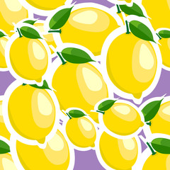 Pattern. lemon and leaves different sizes on purple background.