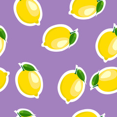 Pattern. lemon and leaves same sizes on purple background.
