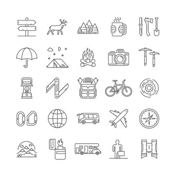 Line icons set of camping, hiking and tourism