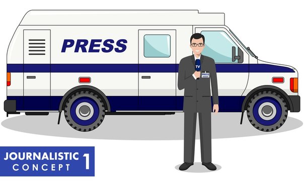 Journalistic concept. Detailed illustration of reporter and TV or news car in flat style on white background. Vector illustration.