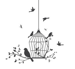Obrazy na Szkle  Sylwetka ptaków z drzewem i klatkami dla ptaków