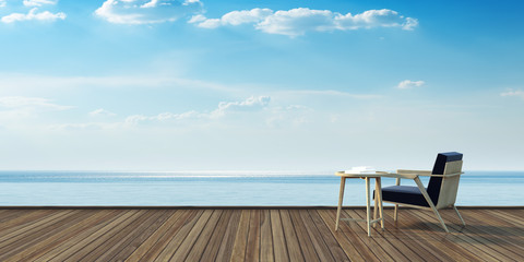 Simple armchair on wood deck and sea view 3D rendering