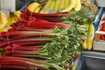 Bananen und Roter Rhababer auf einem Marktstand, Bremen, Deutschland, Europa