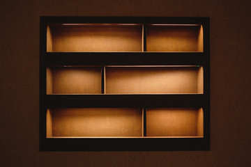 built-in shelves with light, dark space, decoration