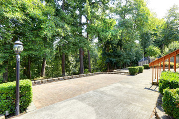 Backyard view with concrete floor and lots of fir trees around.