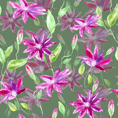 Floral seamless pattern with clematis flowers, leaves and buds.Watercolor hand drawn illustration.Green background.