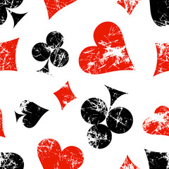 Vector seamless patterns with icons of playings cards. Creative geometric red, black, white grunge backgrounds. Texture with cracks, scratches, attrition. Series of Gaming, Gambling Seamless Patterns.