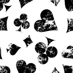 Vector seamless patterns with icons of playings cards. Creative geometric black and white grunge backgrounds. Texture with cracks, scratches, attrition. Series of Gaming, Gambling Seamless Patterns. - 116595821