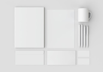 White stationery mock-up, template for branding identity on gray background.
For graphic designers presentations and portfolios. 3D rendering.