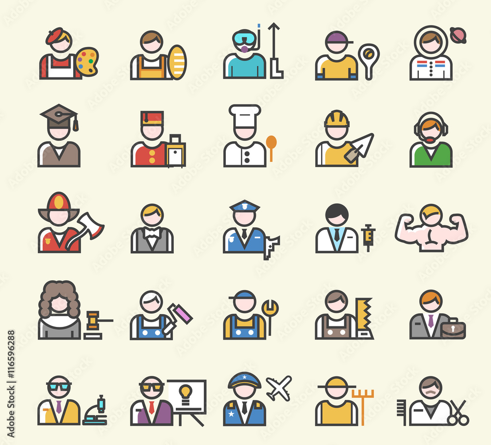 Poster set of 25 minimal solid line colored professions icons. isolated vector elements.