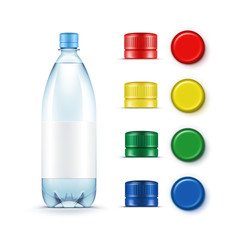 Vector Blank Plastic Blue Water Bottle with Set of Multicolored Red Yellow Green Caps Isolated on White Background