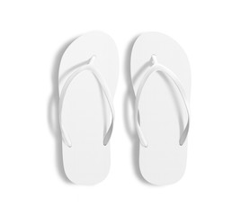 Pair of blank white beach slippers, design mockup, clipping path, 3d illustration. Home plain flops mock up template top view. Clear bath sandal display. Bed shoes accessory footwear. Rubber flipflops - obrazy, fototapety, plakaty