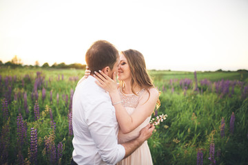 Beautiful couple, bride, groom kissing and hugging in the field sunset