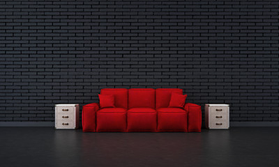 3D render red sofa and the black brick room
