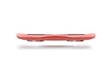 Red hover board scooter isolated, clipping path, 3d illustration. Smart hoverboard movie scoter. No wheel futuristic transport device. Future transportation technology. driver. Antigravity levitation - obrazy, fototapety, plakaty